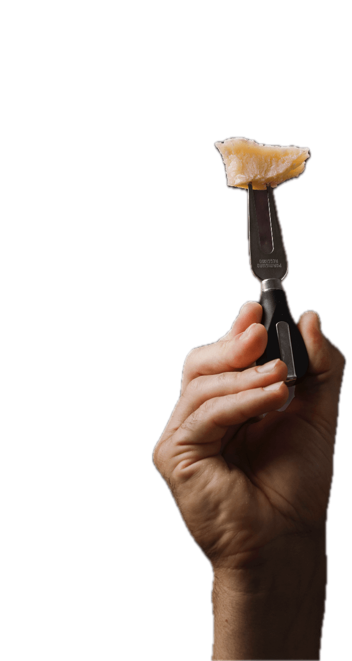 Mano con forchettina che regge un pezzo di Parmigiano Reggiano